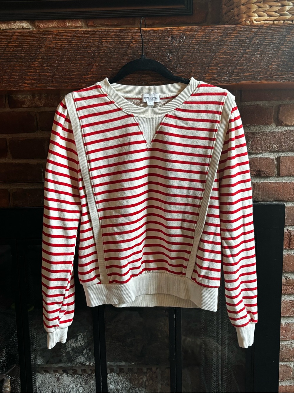 Evereve Cream & Red Striped Crewneck Sweater